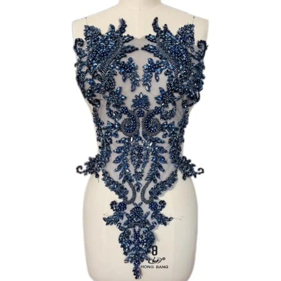 Handmade Bodice Rhinestones Applique Crystal Trim Glass Beads Lace Patches