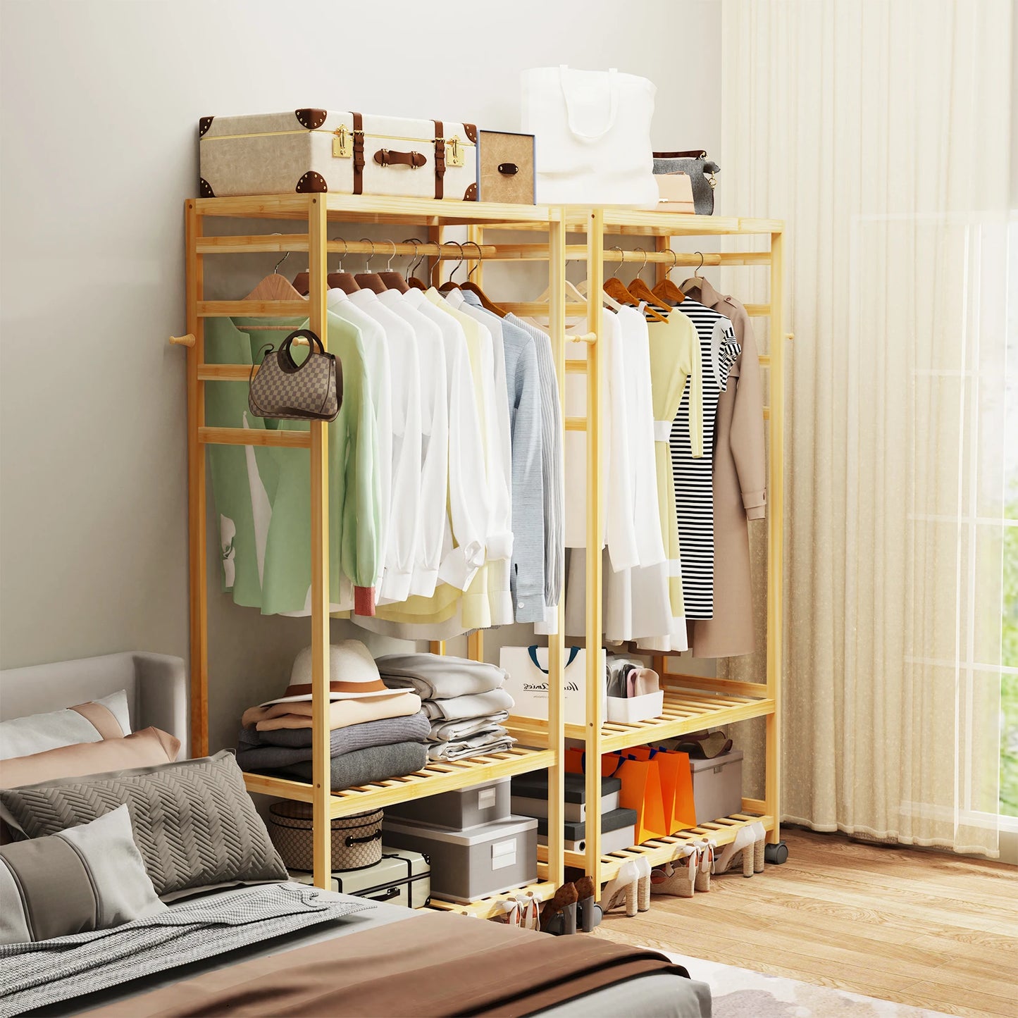 Heavy Duty Wooden Clothes Rack With Side Hooks Wardrobe