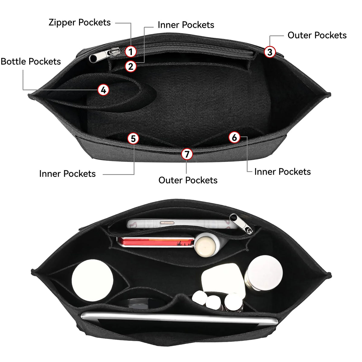 Premium Felt Handbag Organizer Insert With Zippered Storage Compartments