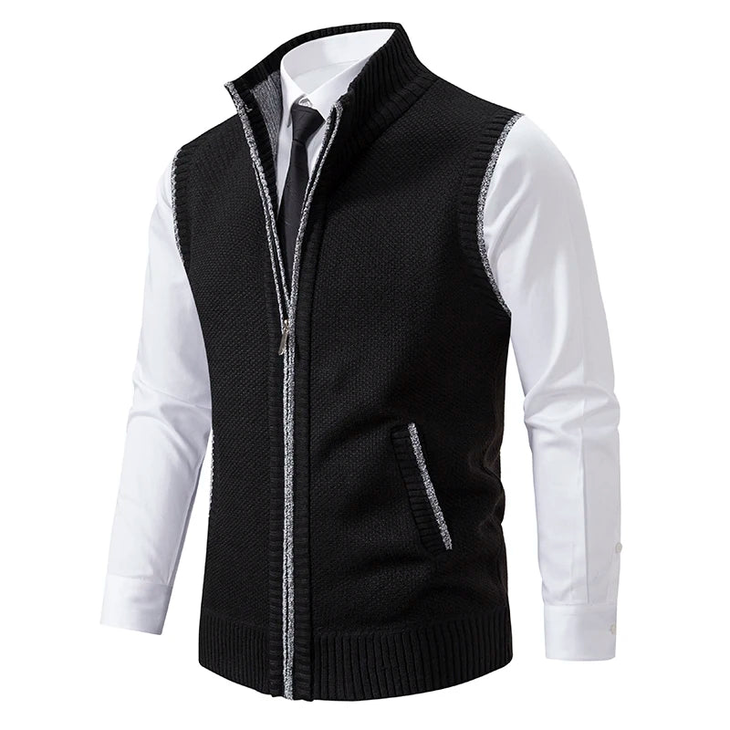 Men's Knit Zipper Vest Mandarin Collar Sleeveless Casual