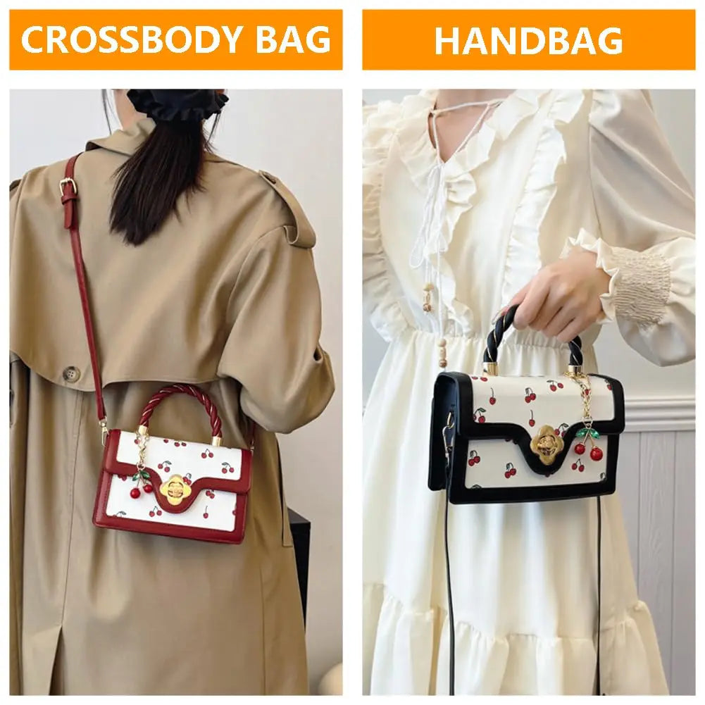 Cherry Print Crossbody Bag PU Leather Satchel With Removable Strap
