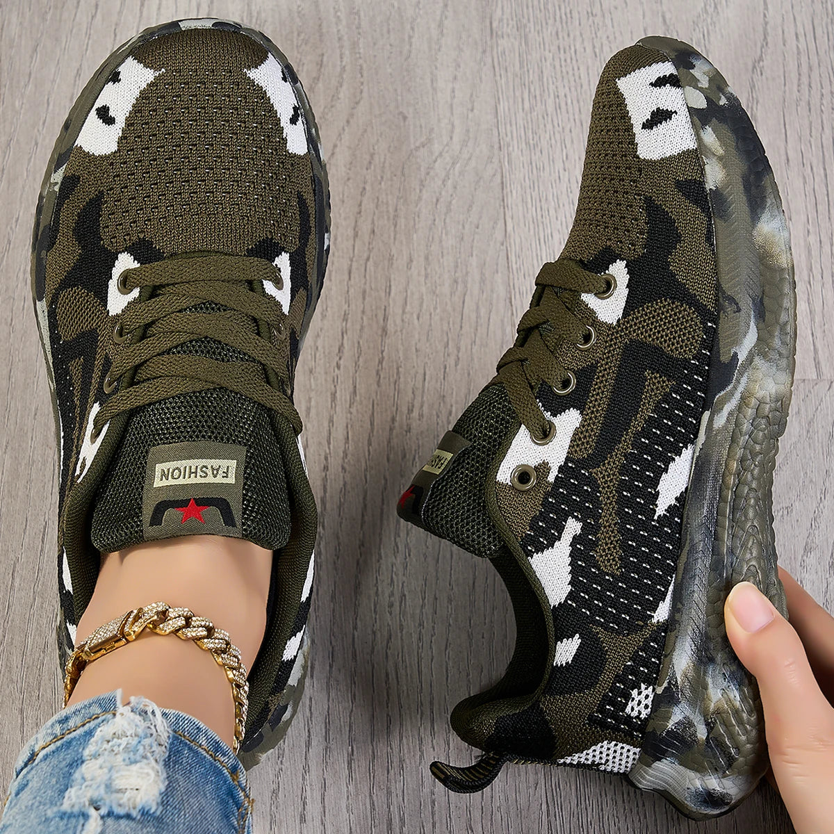 Women Camo Flyknit Sneakers Breathable Mesh Lace-Up Shoes